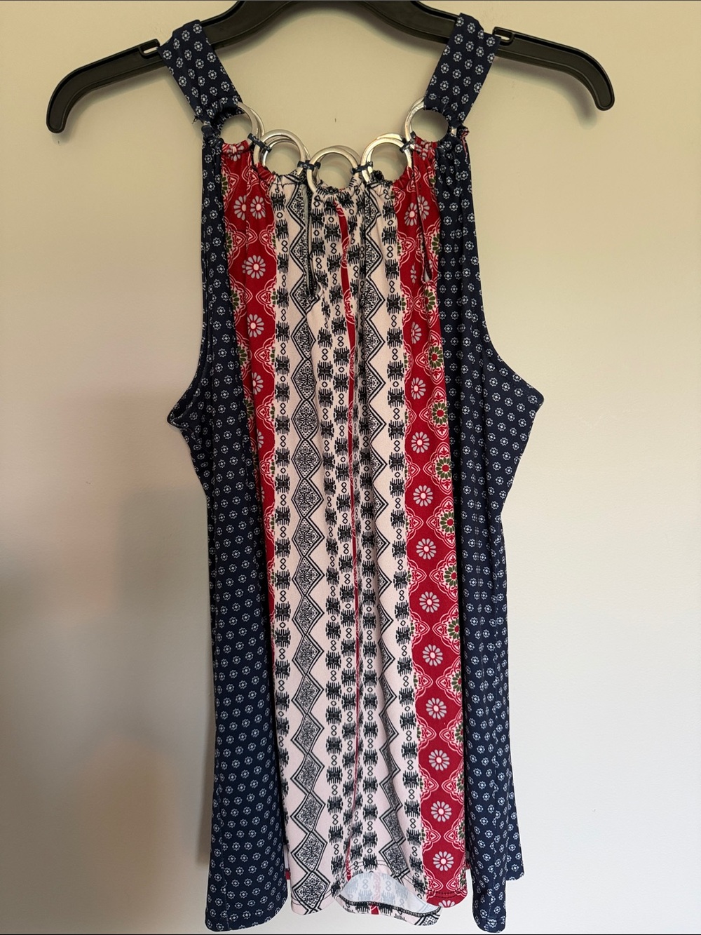 Premise Navy, Red & White Patterned Halter Camisole with Ring Detail
